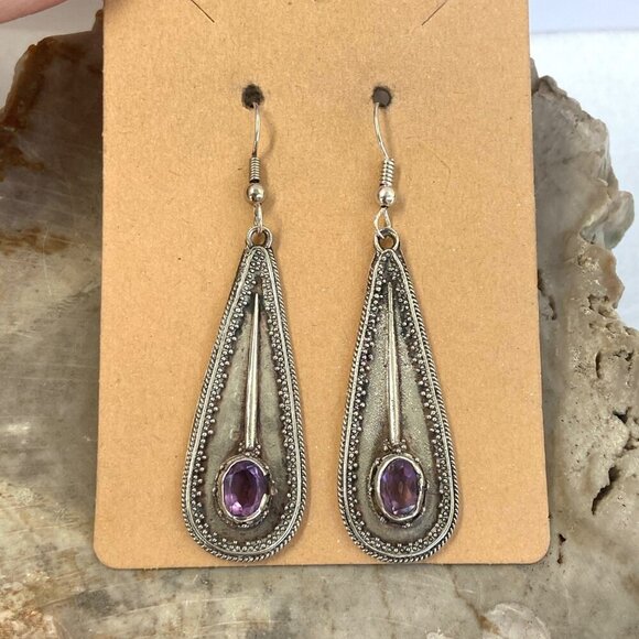 Sterling Silver 925 OKA Bali Oval Amethyst Teardrop Dangle Drop Earrings - Picture 13 of 16